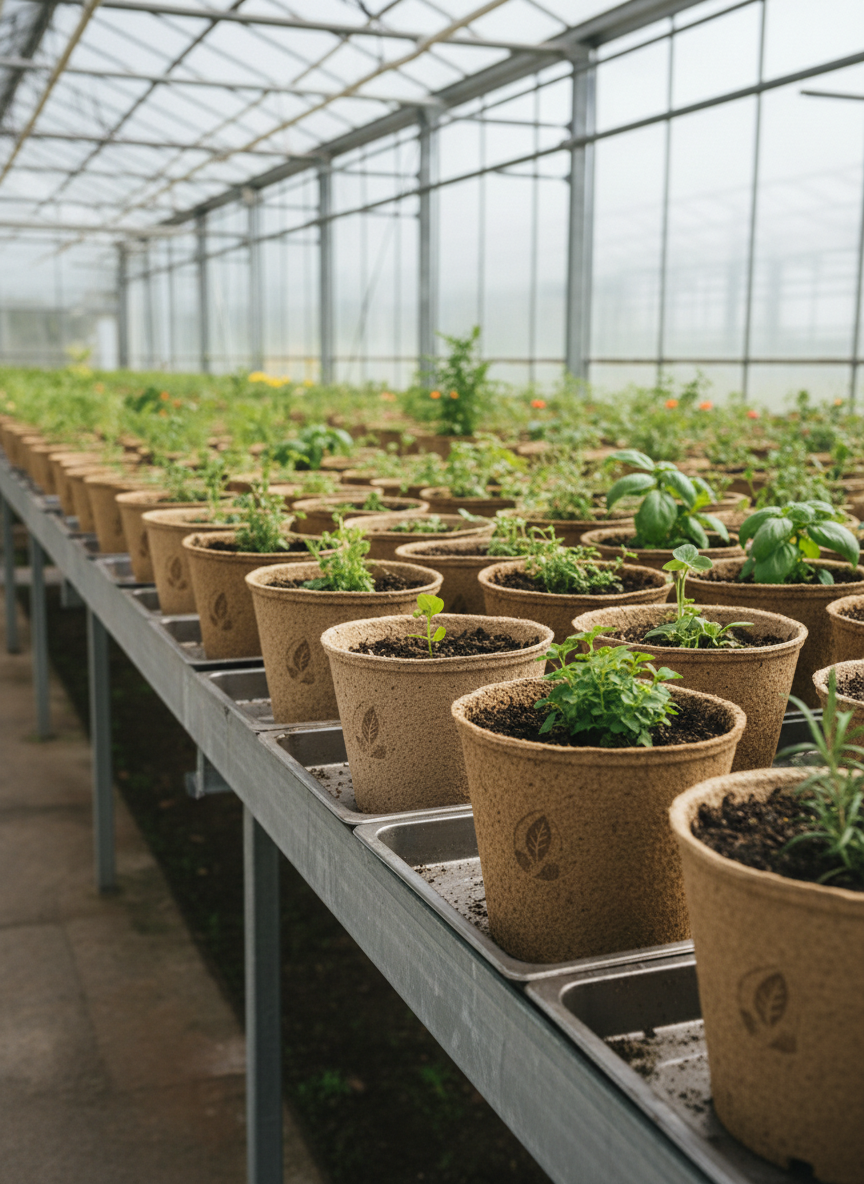 An array of potted horticultural plants displayed in uniformly designed biodegradable pots made from fibrous, earthy-toned material with slightly rough texture and subtle branding. The pots sit on a long galvanized metal bench inside a modern glasshouse, with rows of lush green plants receding into the softly blurred distance. Natural daylight filters through translucent greenhouse panels, creating an even, diffused illumination and gentle reflections on nearby irrigation trays. The scene is captured from a low, three-quarter angle, following the line of pots to create depth. The atmosphere is efficient yet nurturing, with photographic realism and a clean, professional composition that highlights sustainable horticulture solutions.