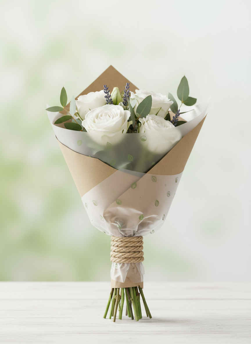 A close-up photographic view of a single bouquet wrapped in innovative sustainable packaging: matte brown kraft paper combined with a clear, plant-based compostable film, subtly embossed with a small green leaf icon. The stems are secured with a textured biodegradable tie made from natural fibers. The bouquet rests on a light wooden surface with faint grain, while the background softly blurs into muted tones of green and white. Gentle overcast daylight from the side creates soft highlights on the wrap and delicate shadows beneath, producing a calm, professional mood. Shot from a slightly elevated angle with shallow depth of field, emphasizing material details and eco-friendly design in a realistic, minimalist style.