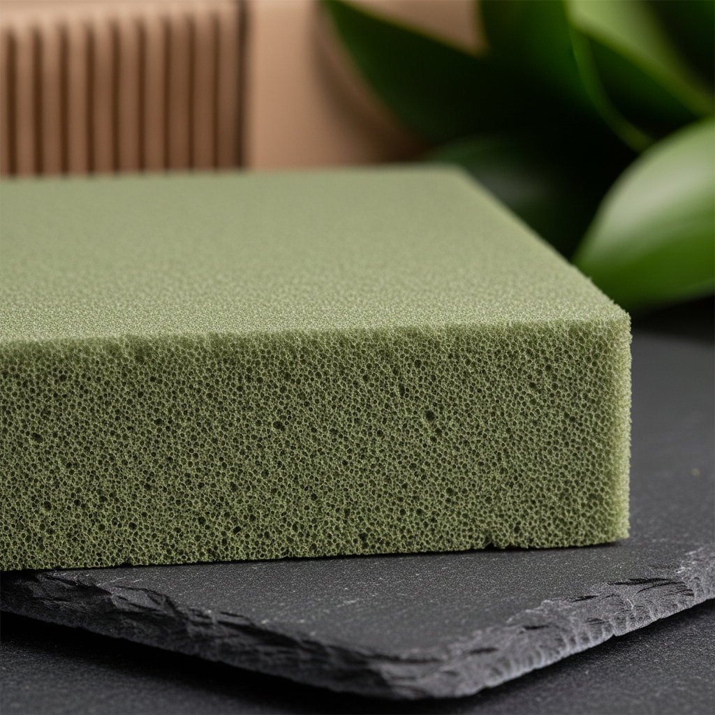 A detailed macro-style photograph of a cross-section slice of biodegradable floristry foam, revealing its fine, open-cell structure with tiny, uniform pores and a soft moss-green coloration. The sample rests on a dark charcoal slate tile, which contrasts with the foam’s subtle matte texture. In the softly blurred background, indistinct shapes of recyclable packaging and plant leaves suggest its horticultural context. Directional side lighting from a narrow beam accentuates the foam’s texture and depth, casting delicate micro-shadows within the cells. The composition is tightly framed with extreme close focus, creating a precise, scientific yet organic mood in high-resolution photographic realism, ideal for illustrating the material innovation behind sustainable floristry solutions.