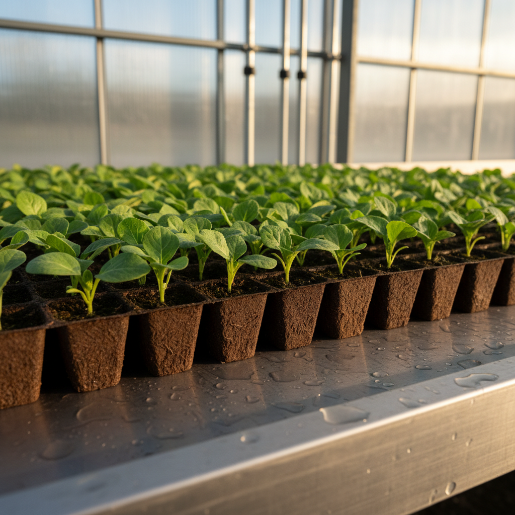 A neat arrangement of horticultural plug trays made from dark, compostable bio-based material, each cavity holding a healthy young seedling with vivid green leaves and moist soil. The trays sit on a slightly wet, brushed metal bench, with tiny water droplets catching the light. Behind them, the greenhouse environment softly blurs into vertical lines of irrigation pipes and translucent panels. Warm late-afternoon sunlight filters through, creating soft directional light that enhances leaf texture and casts elongated, gentle shadows. Shot from a low, front-facing angle with moderate depth of field, the photograph feels optimistic and growth-oriented, highlighting sustainable propagation systems in a realistic, professional aesthetic.