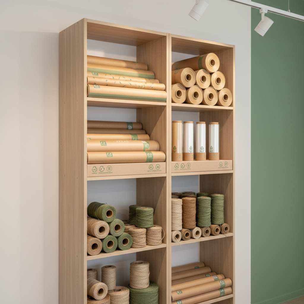 A modern retail display concept for sustainable floristry products: modular light-wood shelving holding neatly stacked rolls of kraft paper wraps, compostable cellophane on cardboard cores, and plant-based twine reels, all in cohesive natural tones with minimal green branding accents. Small, discrete icons indicate “biodegradable” and “compostable” on the packaging. The display stands against a matte white wall with a single vertical band of muted green. Soft, indirect store lighting from overhead track fixtures creates gentle highlights without harsh reflections. Captured at eye level with a slight diagonal perspective, the composition uses the rule of thirds and moderate depth of field, giving a professional, contemporary retail atmosphere in realistic photographic style.