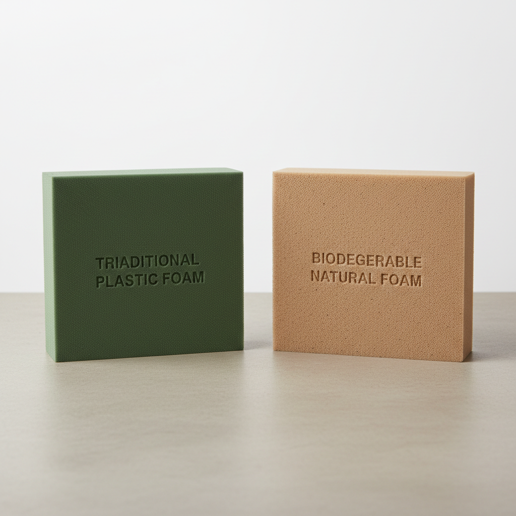 A side-by-side comparative display of conventional plastic floristry foam block and a new biodegradable foam block, both in precise rectangular shapes, placed on a neutral concrete surface. The traditional foam appears deep green and slightly shiny, while the biodegradable alternative shows a softer, natural hue with subtle fibrous texture. Discreet embossed labels identify each block. Neutral, diffused studio lighting from above ensures even illumination and minimal shadows. The background fades into a smooth gradient from light grey to white, creating a technical, impartial atmosphere. Captured from a slightly elevated, centered composition with sharp focus, the realistic photographic style supports educational content about transitioning to sustainable materials in professional floristry.