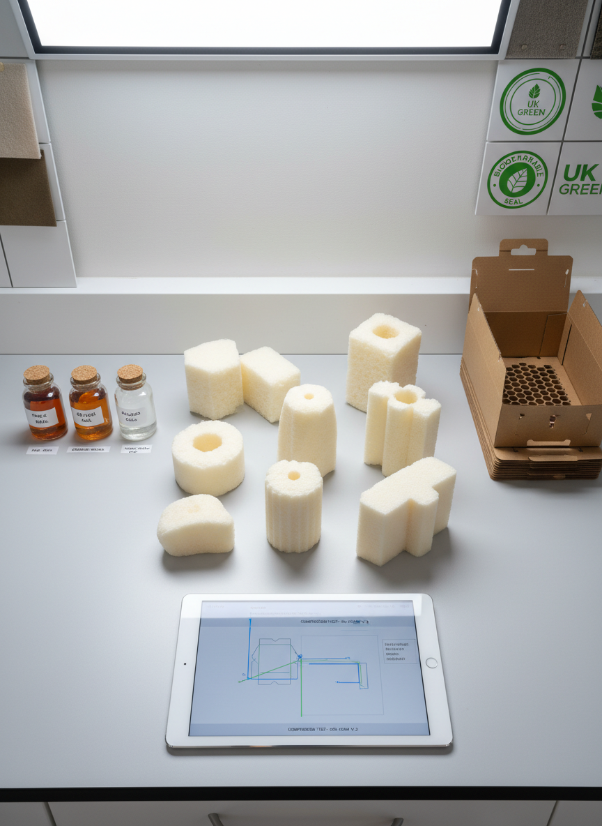 A tidy R&D workbench showcasing the development process for sustainable floristry packaging: biodegradable foam prototypes in various densities, small labeled sample jars of plant-derived resins, laser-cut cardboard inserts, and a digital tablet displaying technical diagrams of packaging stress tests. Everything is arranged on a smooth light-grey lab bench against a pale wall with a subtle grid of pinned material swatches and eco-certification icons. Cool, even studio lighting from overhead panels creates minimal shadows and precise visibility of every surface. Shot from an overhead, bird’s eye view with sharp focus, the composition feels organized and methodical, conveying scientific rigor and innovation in a realistic, modern photographic style suitable for a professional UK green industry company.