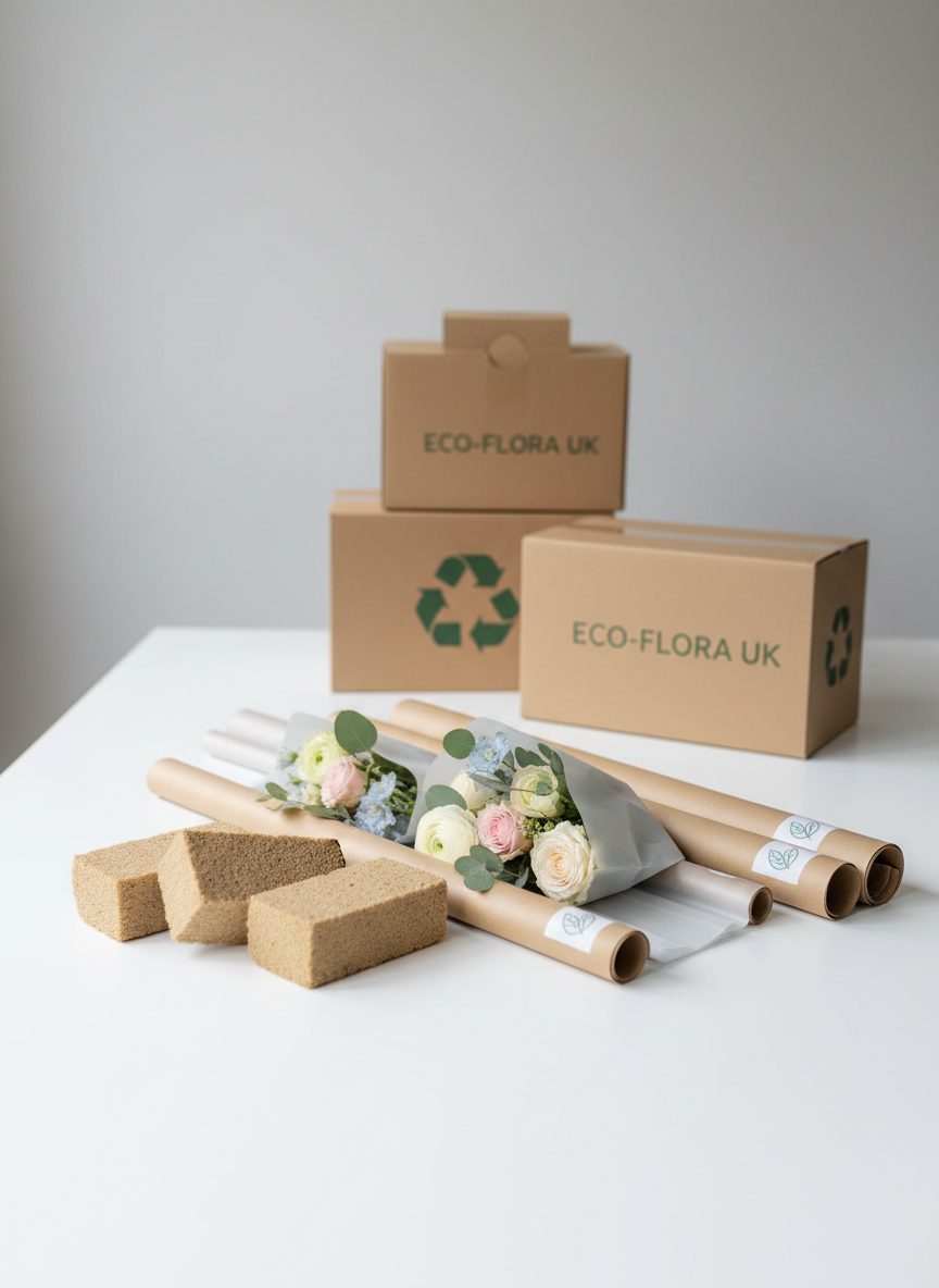 A collection of biodegradable floristry materials neatly arranged on a clean white studio table, including natural-colored plant-based foam blocks, kraft paper wraps with subtle green logos, and translucent compostable sleeves cradling fresh green foliage and soft pastel flowers. In the background, cardboard shipping boxes with eco-friendly symbols are stacked against a pale grey wall. Soft, diffused daylight from an unseen window creates gentle highlights on the textures and casts minimal shadows, emphasizing a calm, professional atmosphere. Shot at eye level with a slightly wide frame and sharp focus throughout, in photographic realism with a clean, modern aesthetic that communicates sustainable innovation for the UK floristry and horticulture industry.